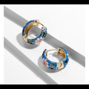 Blue Enamel Floral Gold Hug Hoop Earrings Blue White Green Pink